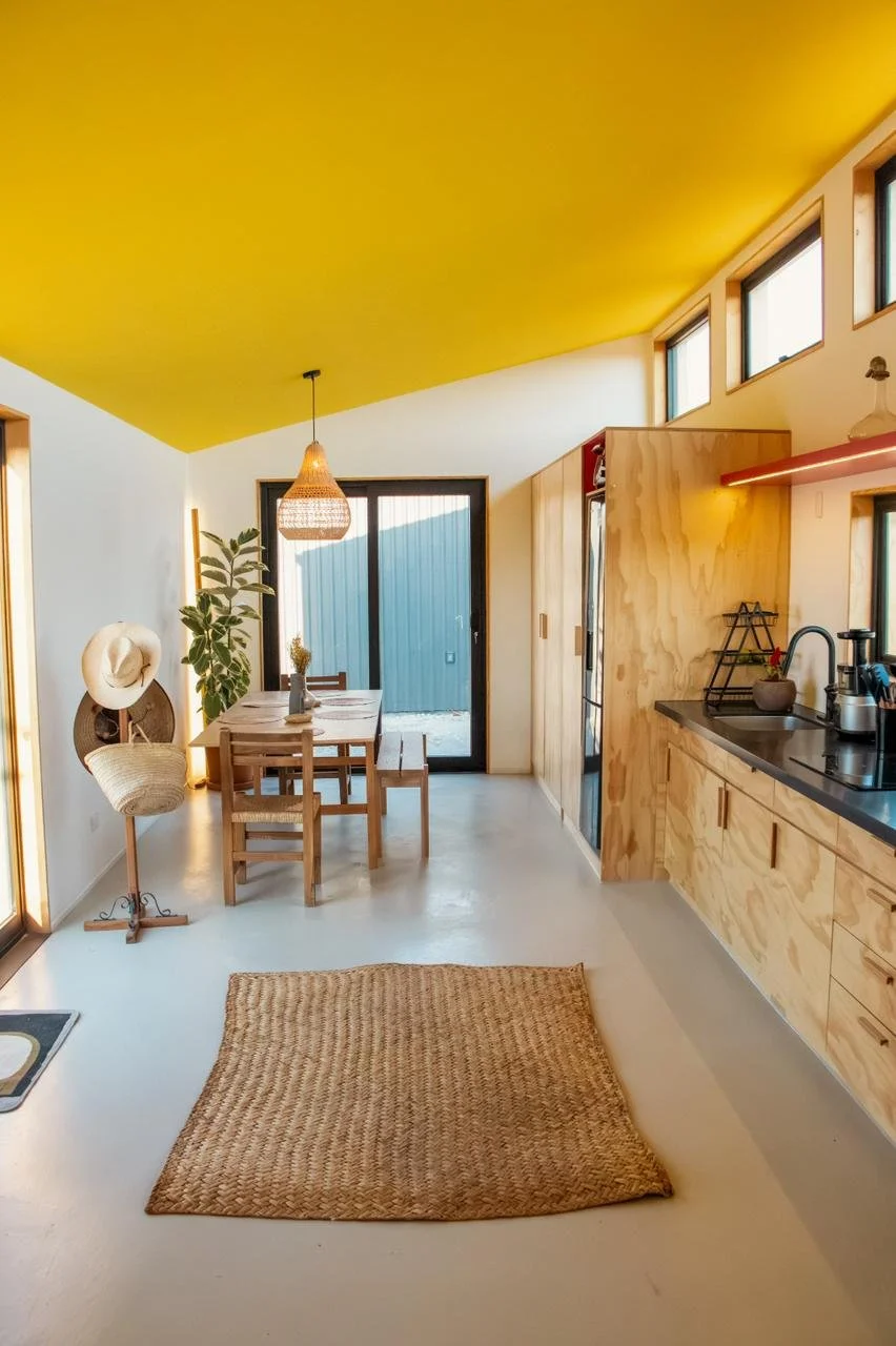 Interior de vivienda compacta en la naturaleza con interiores inspirados en México