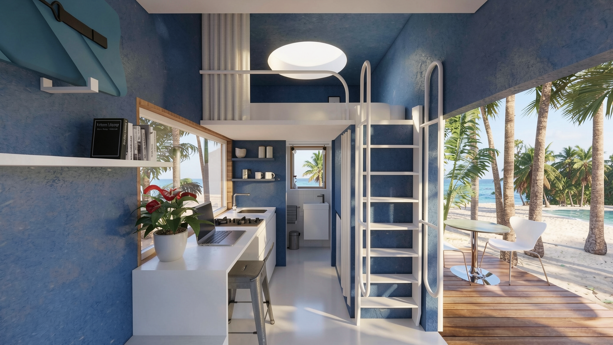 Interiores de cabaña de playa con vista al mar, con cocina, mueble con libros, planta en maceta, y área de comedor con mesas y sillas, y palmeras y playa en el exterior.