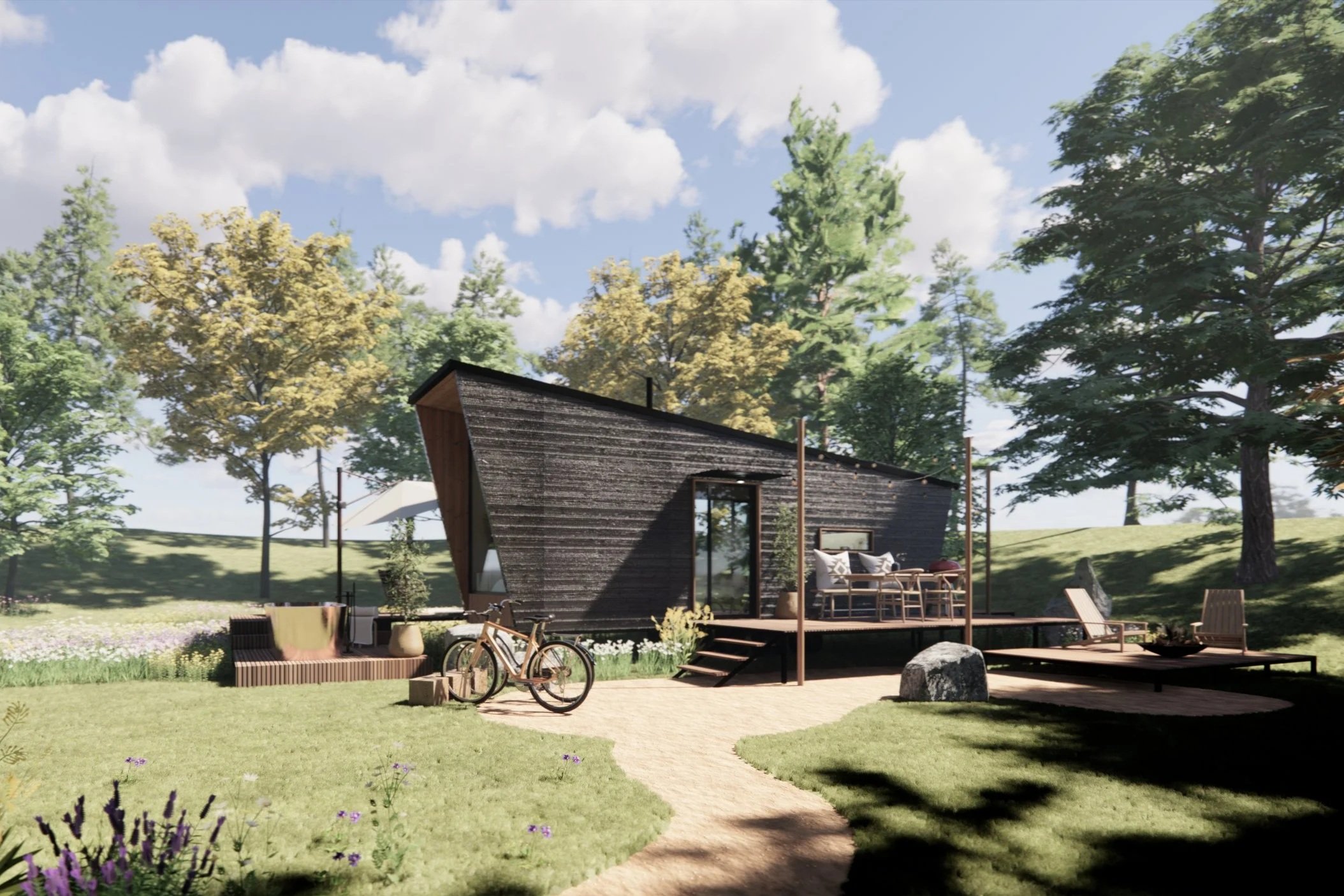 Cabina móvil (con ruedas) para usar como suite de hotel, off- grid y ubicada en un entorno natural de Estados unidos. Fabricada en Mexico. Diseñada por MOR Studio