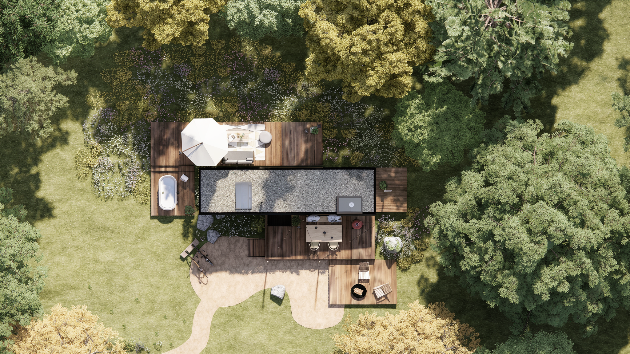 Vista aérea de una suite para glamping móvil (sobre ruedas) ubicada en la naturaleza. Diseñada en Mexico para transportarla a Estados Unidos.