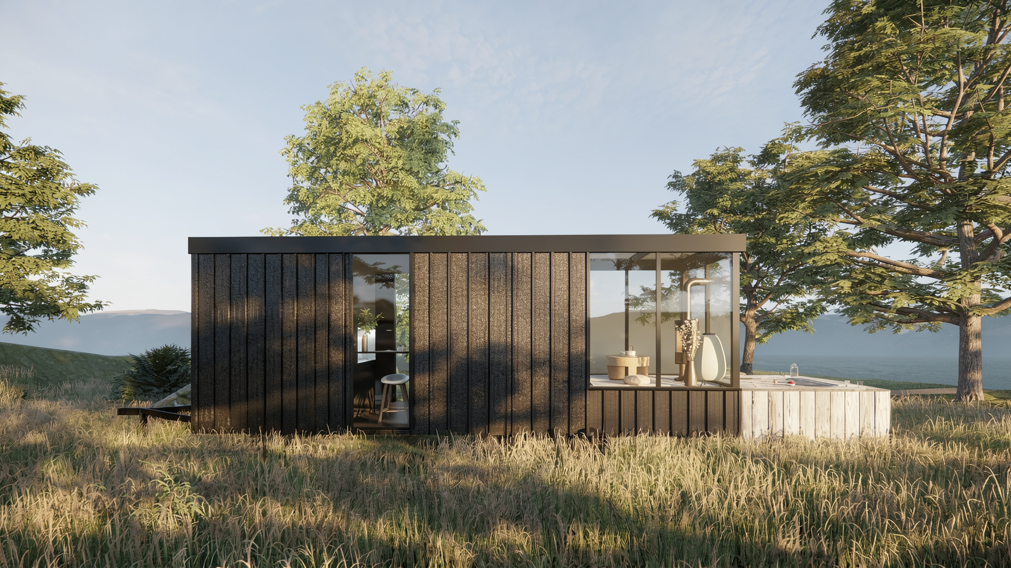 Cabina de hotel sobre ruedas. Exterior en madera con técnica Shou Sugi Ban. Ubicado en la naturaleza en algun punto de Estado Unidos. Fabricado y diseñado en Mexico por MOR Studio.