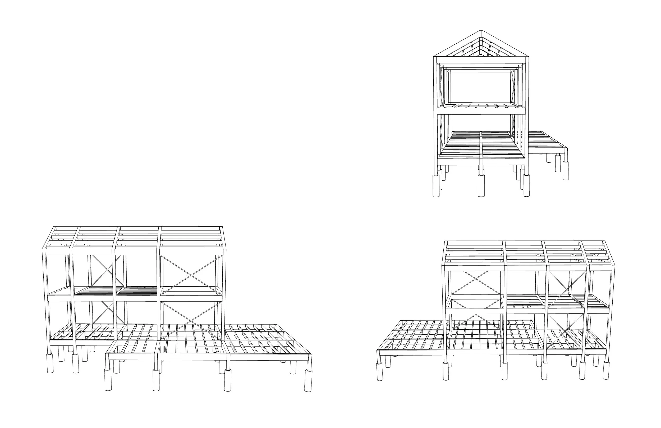 Dibujo técnico de estructuras de madera para construcción, incluyendo diferentes perspectivas y detalles