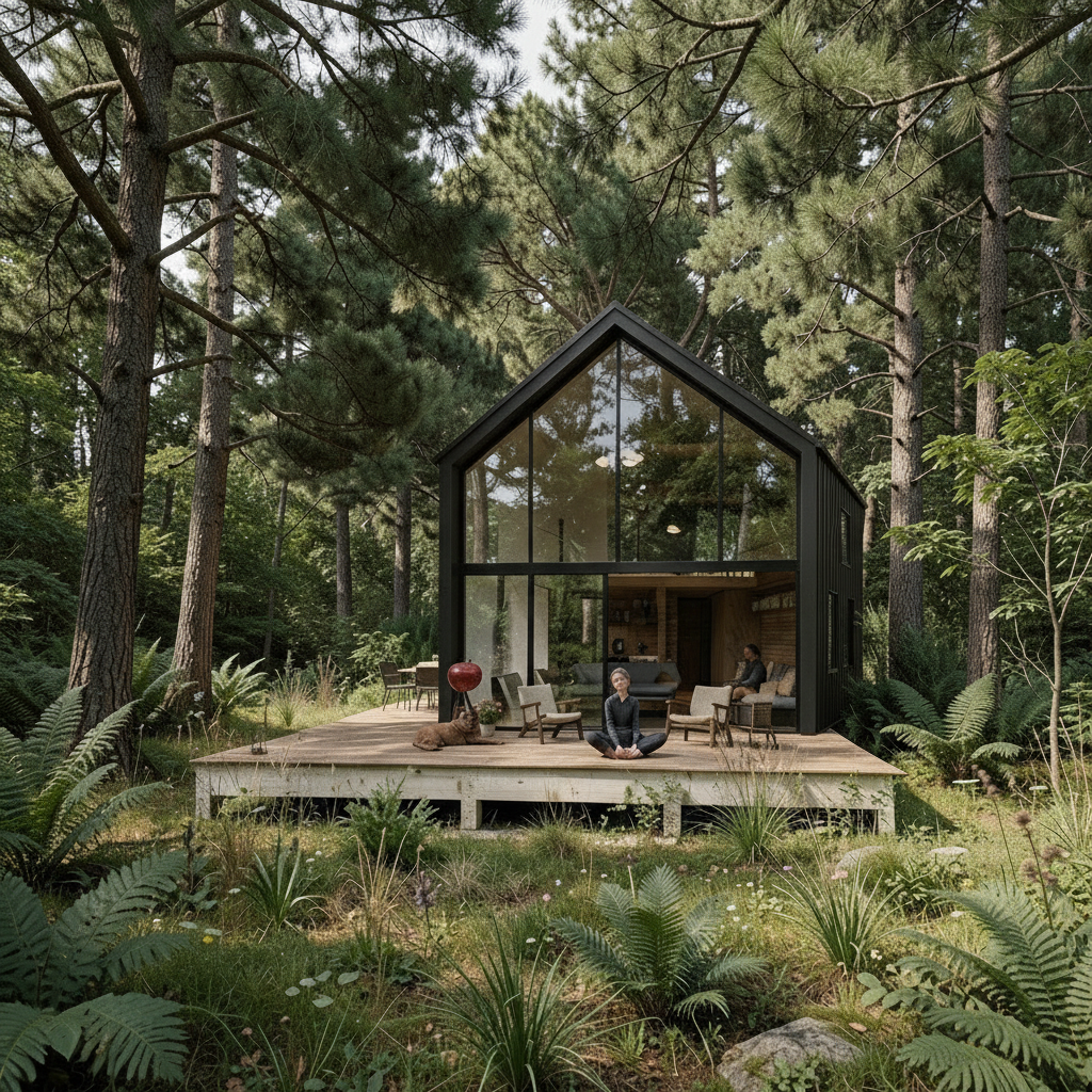 Cabaña en el bosque de Tapalpa en Mexico. Con un deck exterior y un gran ventanal que conecta con el exterior