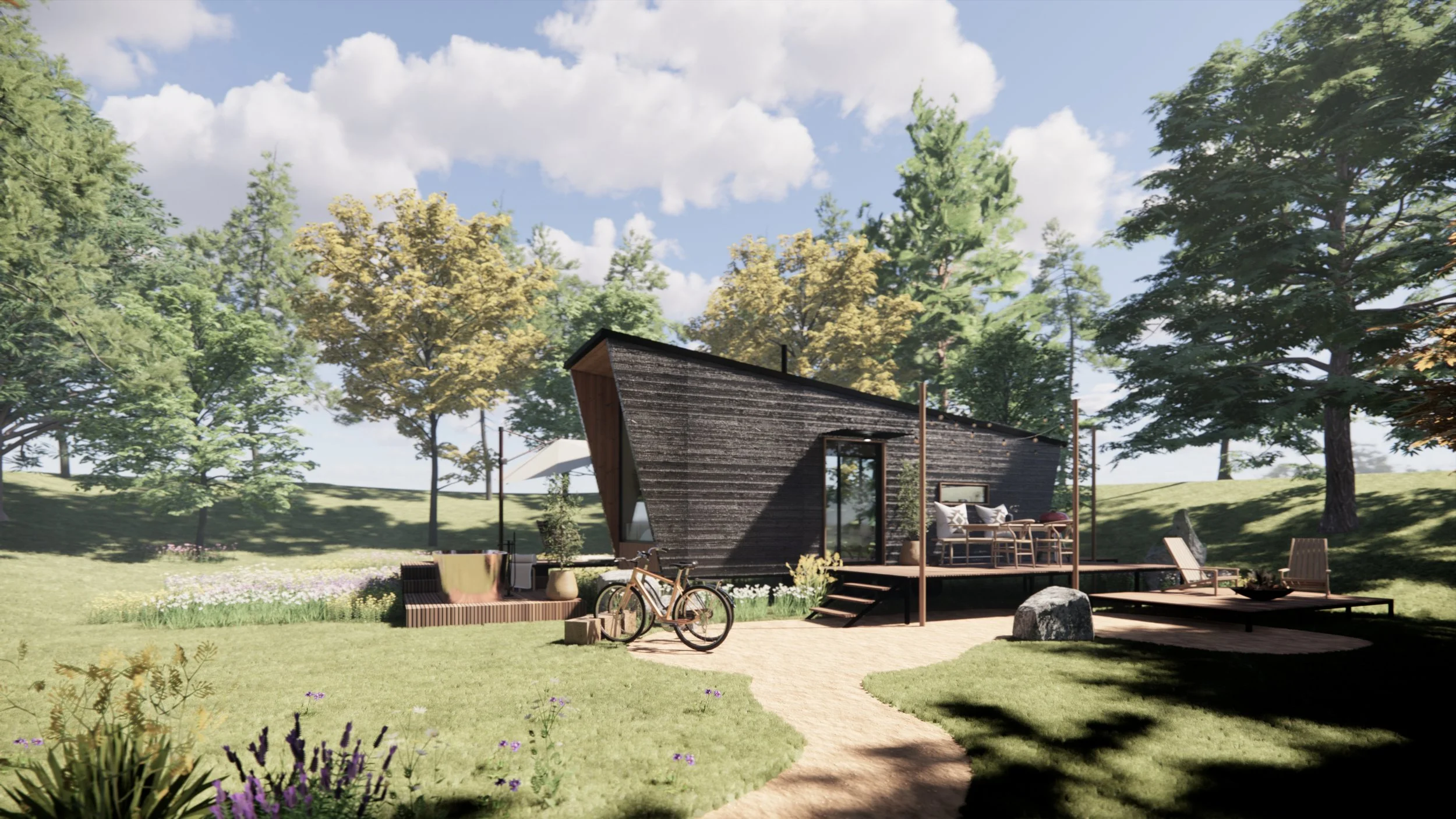 Casa moderna de madera en medio de un jardín con árboles verdes, césped y cielo con nubes, con muebles en la terraza y bicicleta en el frente.