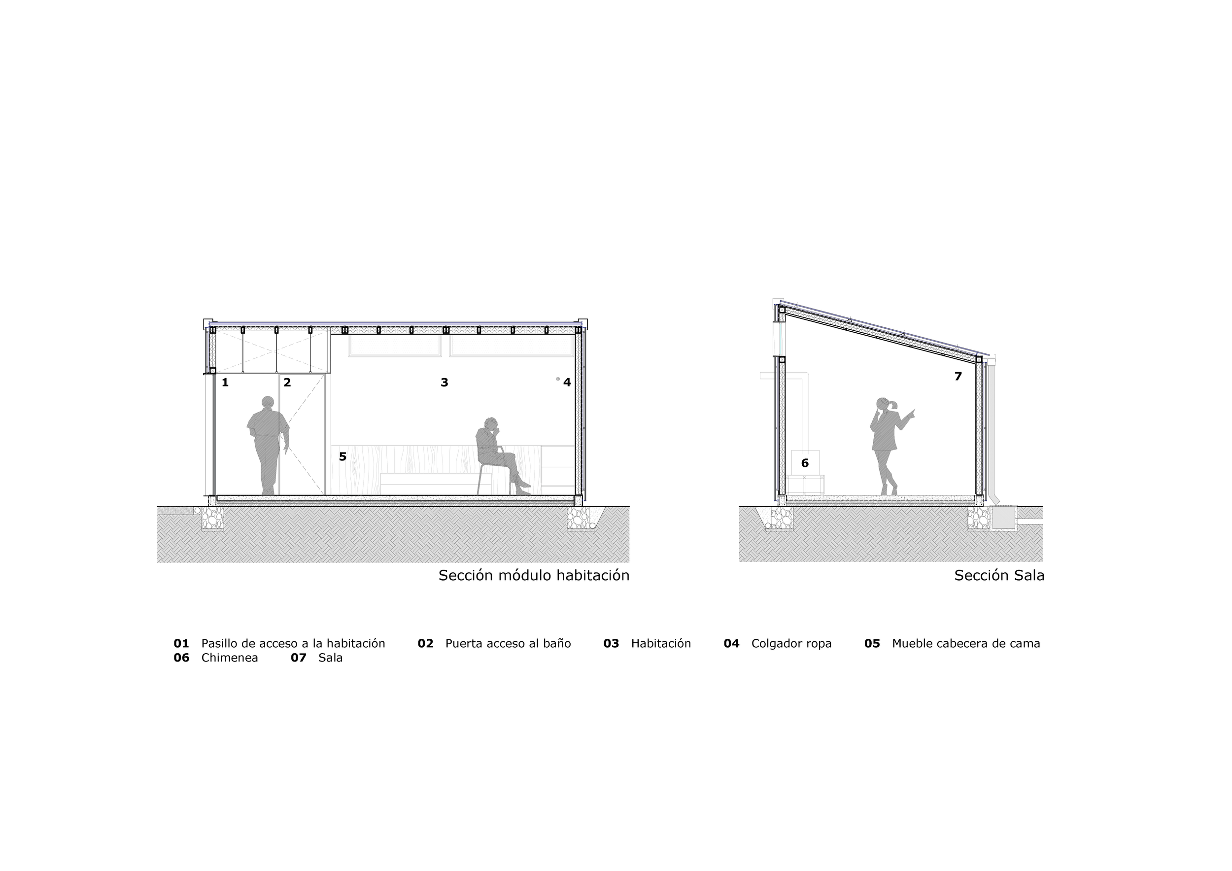 Secciónes arquitectónicas de una casa compacta en la naturaleza que se divide en dos módulos conectados por un porche exterior