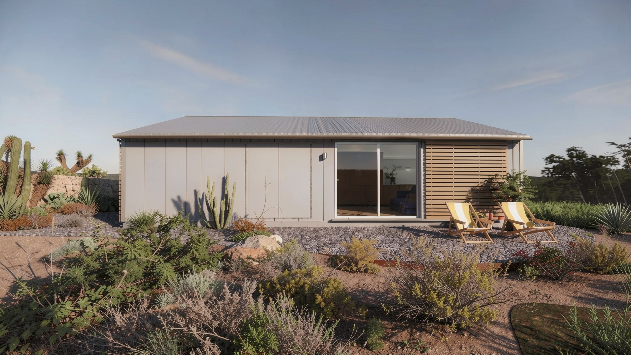 Casa moderna de un piso con paredes de madera y grandes ventanales, rodeada de un jardín de cactus y plantas xerófitas, con dos sillas de playa a la sombra.