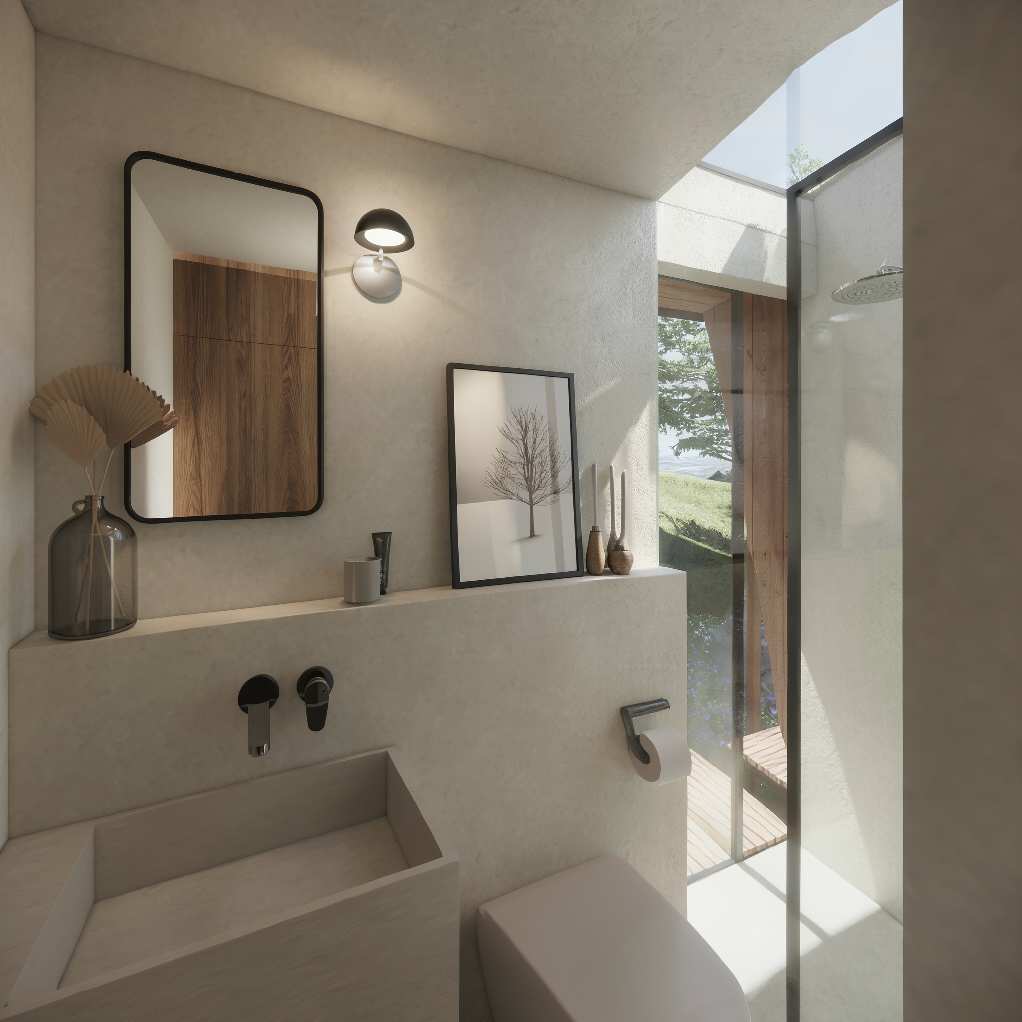 Vista de un baño moderno con lavabo de piedra, espejo cuadrado con marco negro, lámpara de pared y ventana grande que deja entrar luz natural.