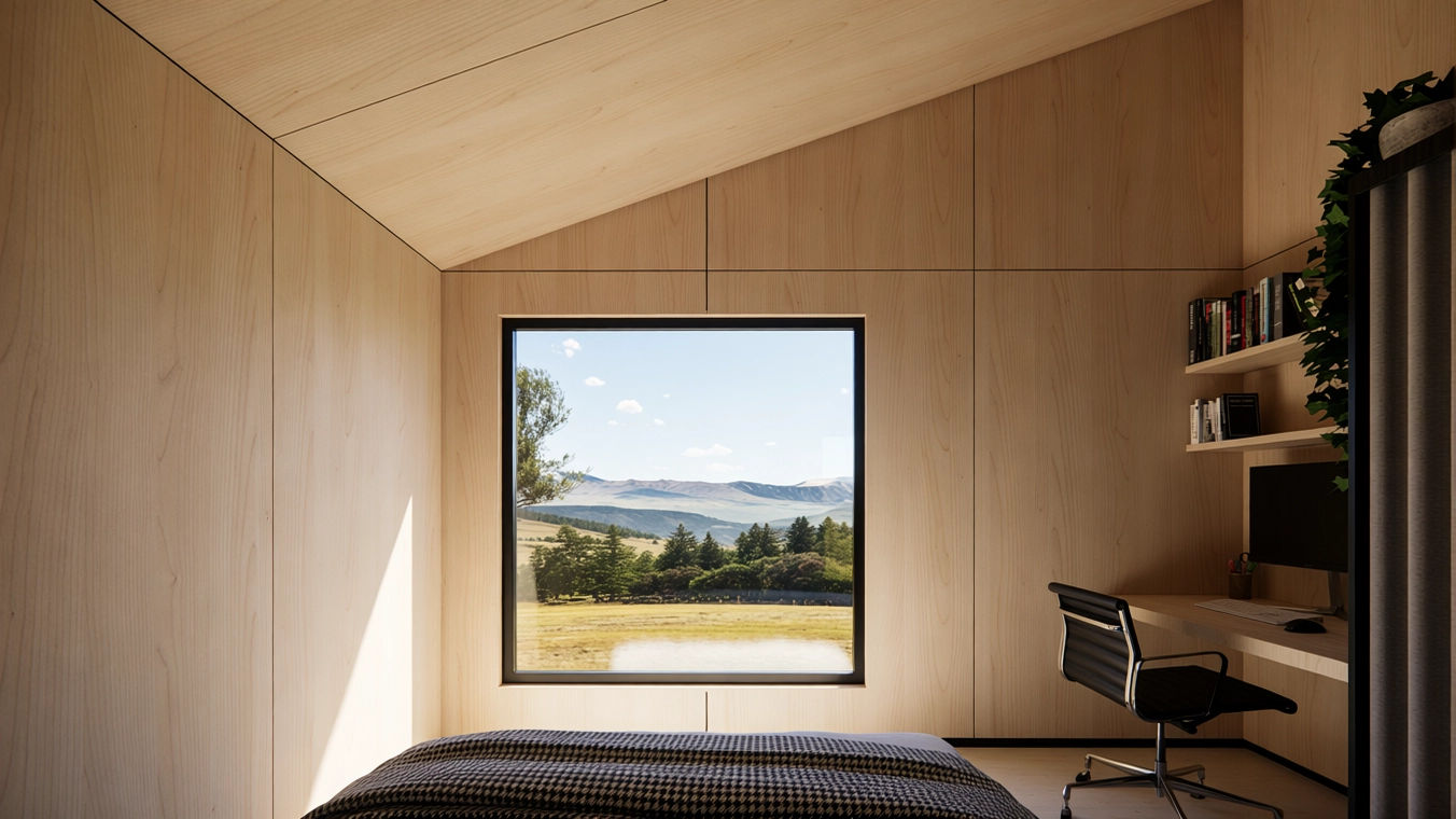 Interior de una cabaña moderna de madera en un entorno natural, habitación cálida y minimal. Ubicada en León, España. Diseñada por MOR Studio