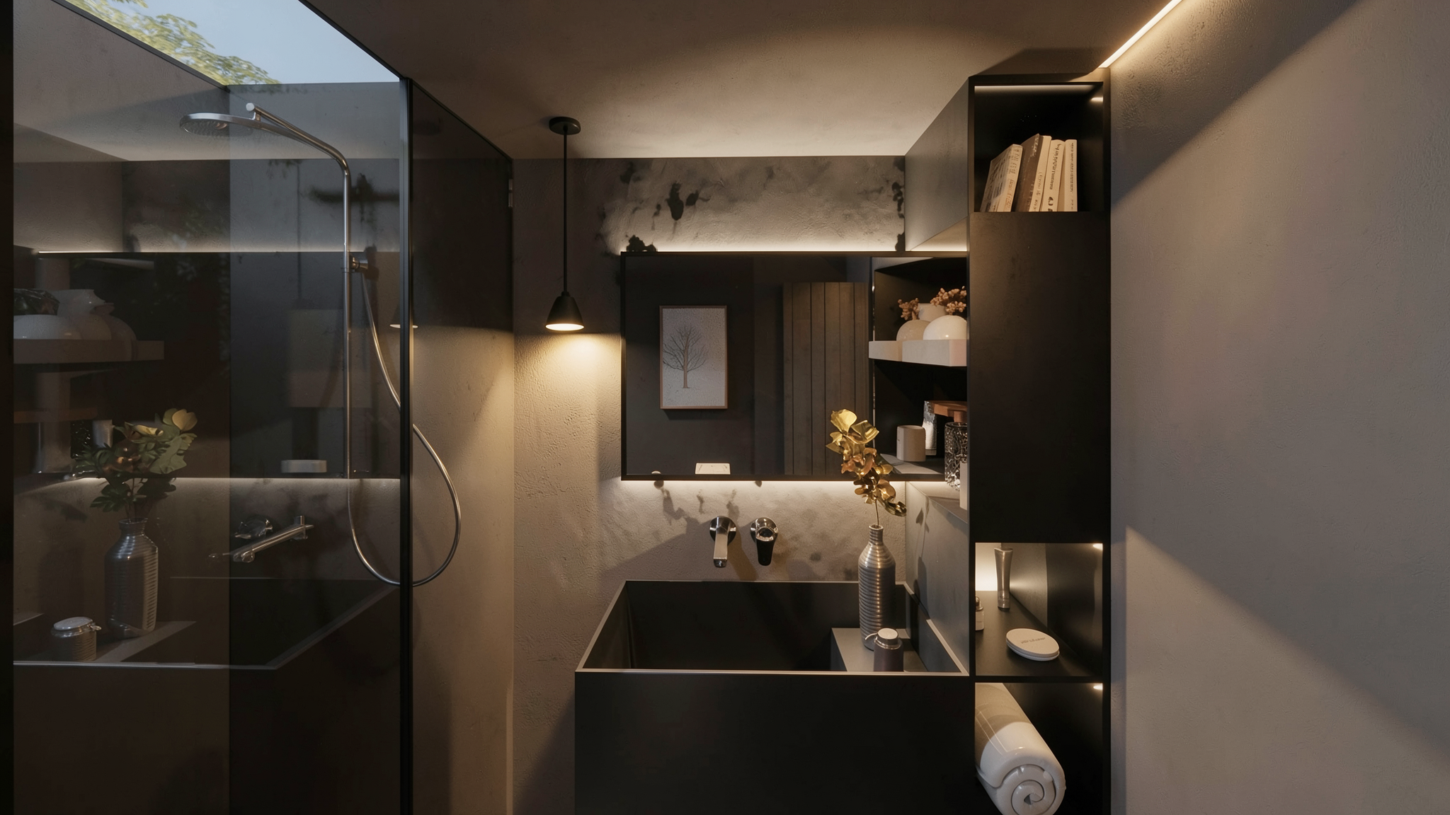 Baño moderno de cabina de hotel móvil, con paredes grises, lavabo negro, espejo con iluminación y estanterías con libros y decoraciones.