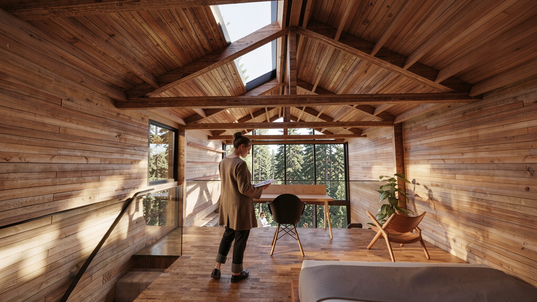 Habitación de una cabaña de madera en el bosque de Tapalpa, Mexico. Espacio minimalista y sencillo con lucernarios y vista a una doble altura y al bosque.