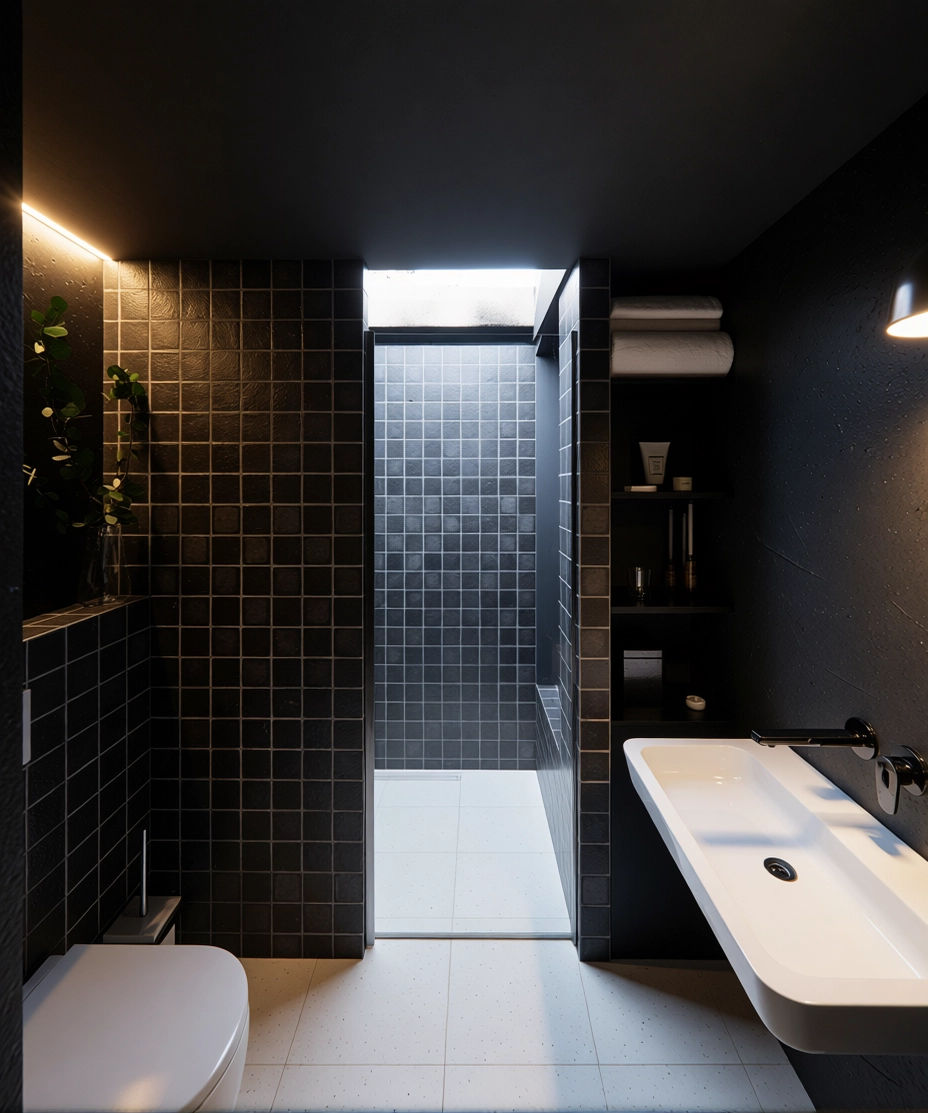 Baño moderno con paredes negras y azulejos oscuros, con un lucernario en el techo, cabaña en el bosque ubicada en León, España