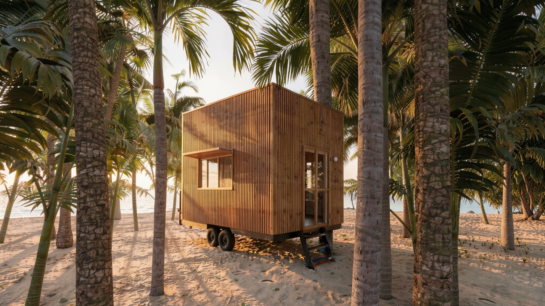 Casa rodante de madera en una playa de arena con palmeras y vista al mar durante el atardecer.