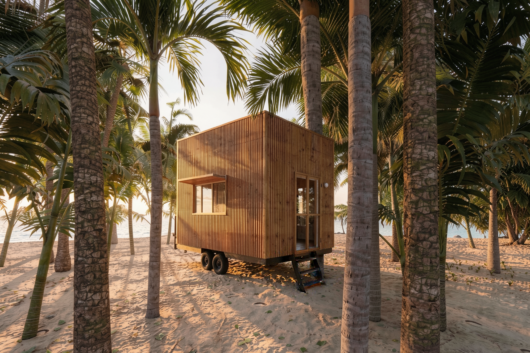 Cabina móvil con ruedas, tipo tiny house on wheels, para rentar como suite de hotel en un glamping de Yucatán, México