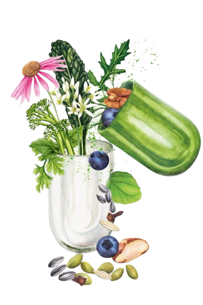Un verre rempli de plantes vertes et de fleurs, avec une courge et des baies autour.