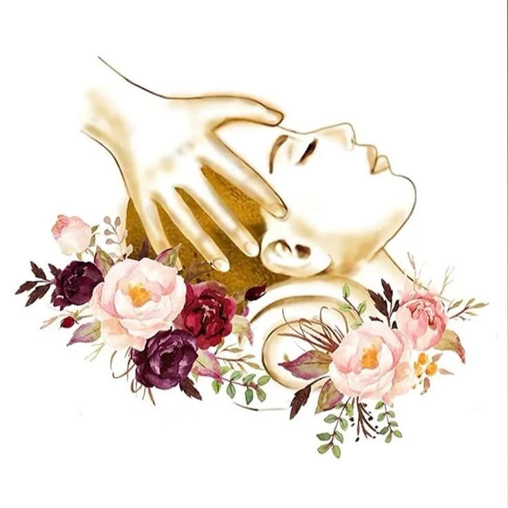 Une illustration d'une personne recevant un massage du visage entourée de fleurs colorées.