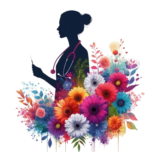Silhouette d'une femme médecin avec un stéthoscope, entourée de fleurs colorées.