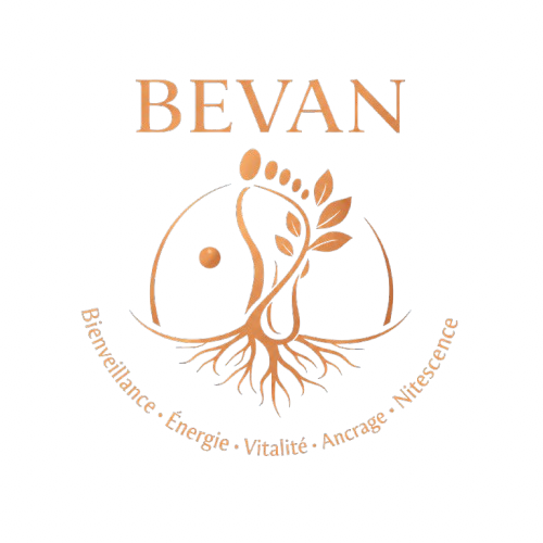 Logo avec le texte "BEVAN" en haut, une graine ou une plante stylisée avec des racines et des feuilles, entourée de mots "Bienveillance, Énergie, Vitalité, Ancrage, Nitessence" en cercle.
