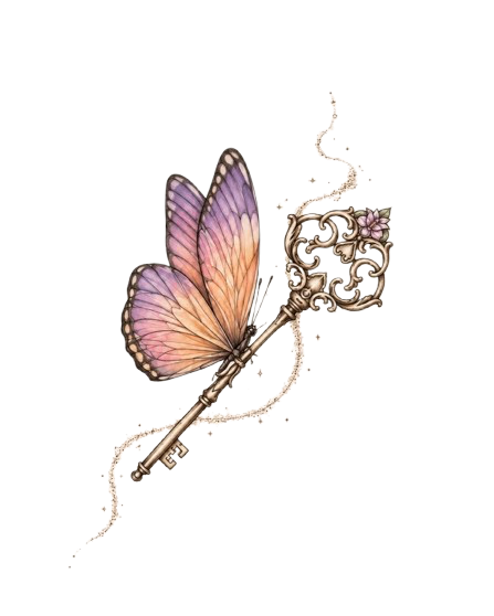 Clé ancienne décorée avec une aile de papillon rose et orange et des motifs floraux