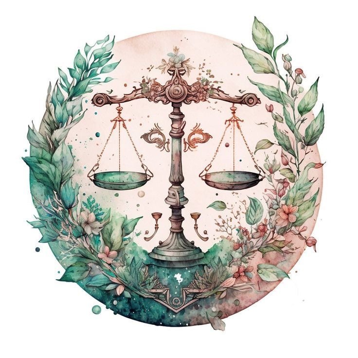 Une illustration artistique d'une balance ancienne entourée de feuillages et de fleurs.