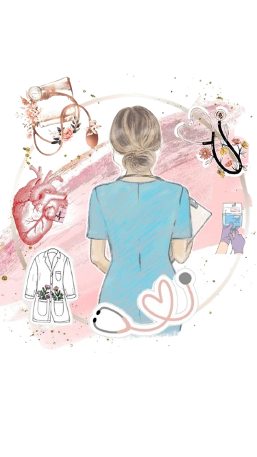 Une infirmière vue de dos, entourée d'illustrations médicales comme un stéthoscope, un cœur, un tableau médical, et un cartilage, avec un fond rose pastel.