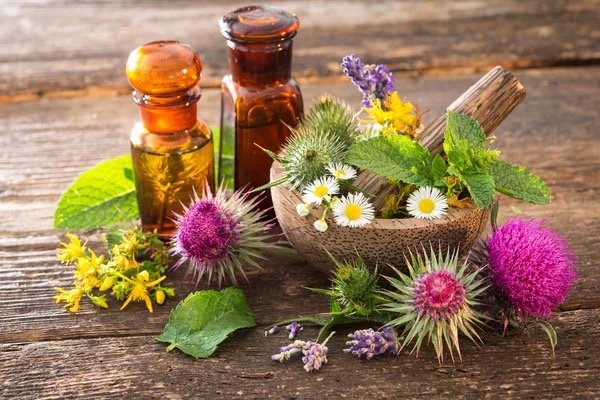 Huiles essentielles, herbes et fleurs sauvages sur une surface en bois.
