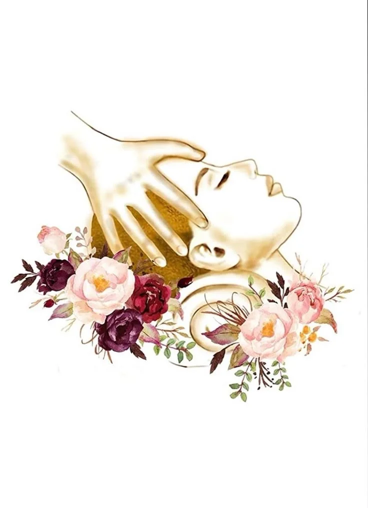 Une illustration d'une femme recevant un massage avec des fleurs roses et pourpres en décoration.