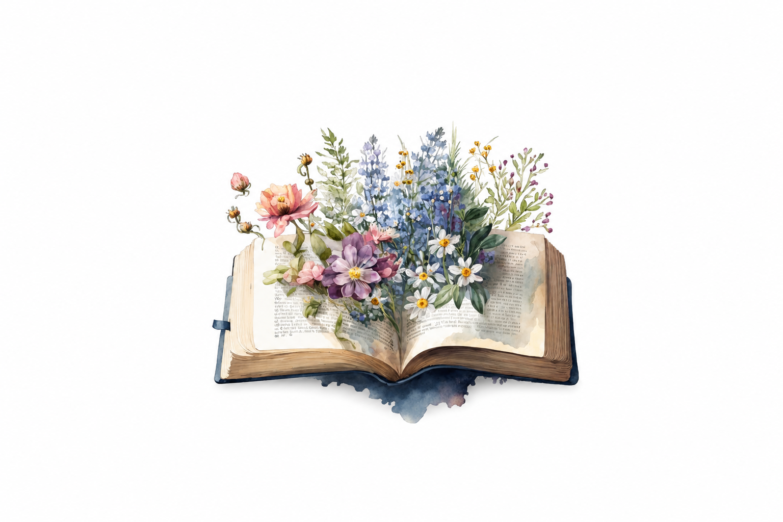 Un livre ouvert avec un bouquet de fleurs printanières de différentes couleurs émergeant de ses pages.