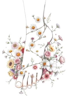 Main dessinée avec des fleurs et des insectes, incluant des papillons et des abeilles, sur un fond blanc.