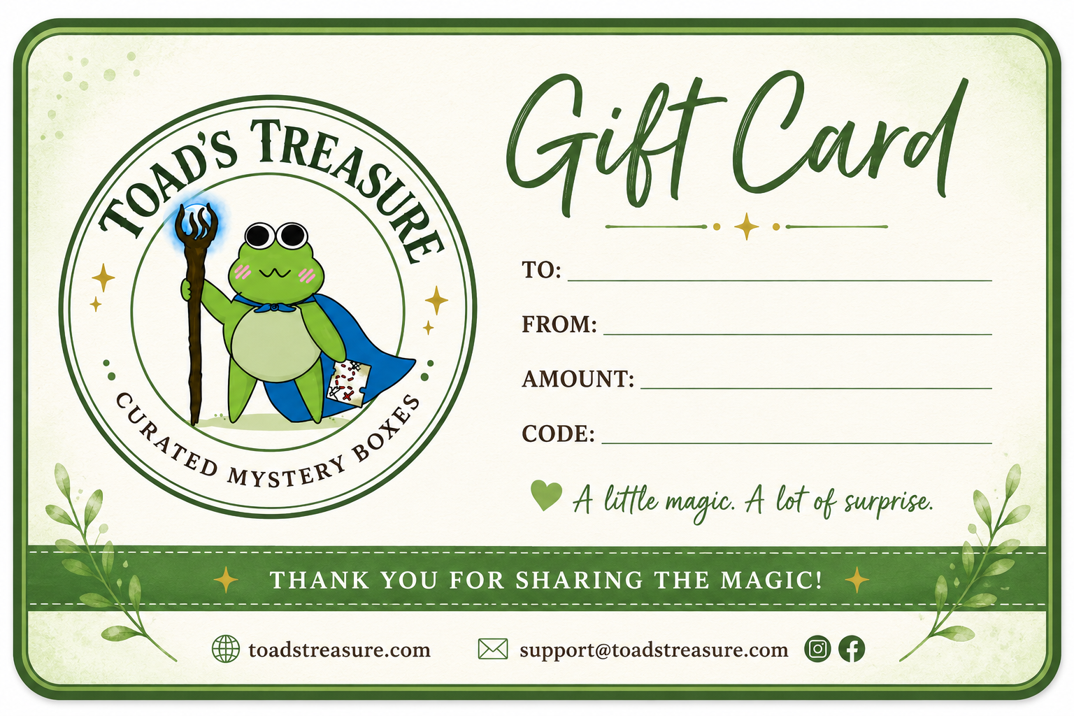 Toad's treasure Gift Card