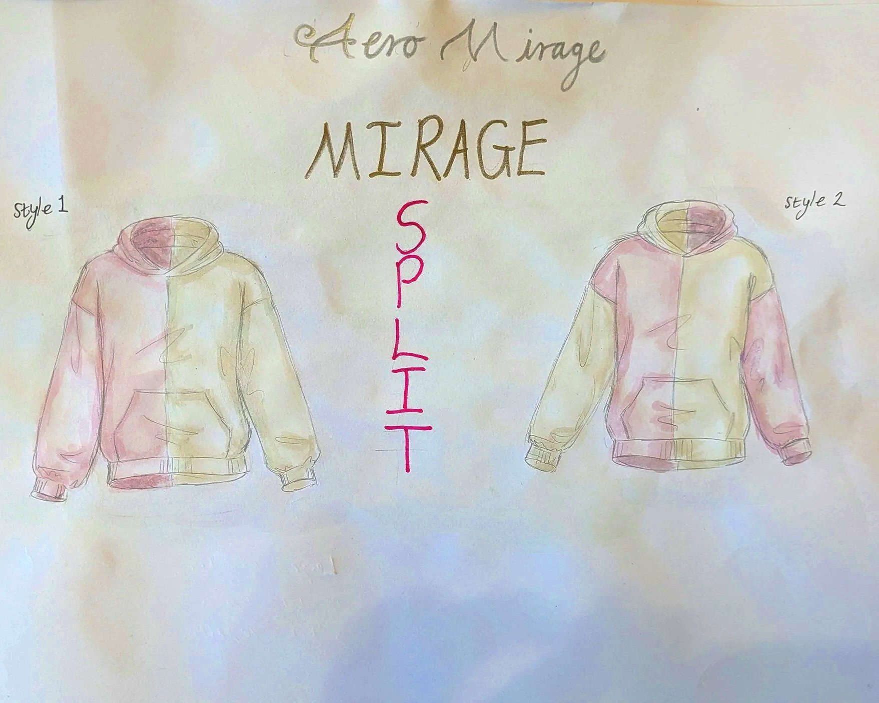 Hand-drawn illustration of two hooded sweatshirts in different styles, labeled 'Style 1' and 'Style 2', with the words 'Aero Mirage MIRAGE SPLIT' written above and between them.