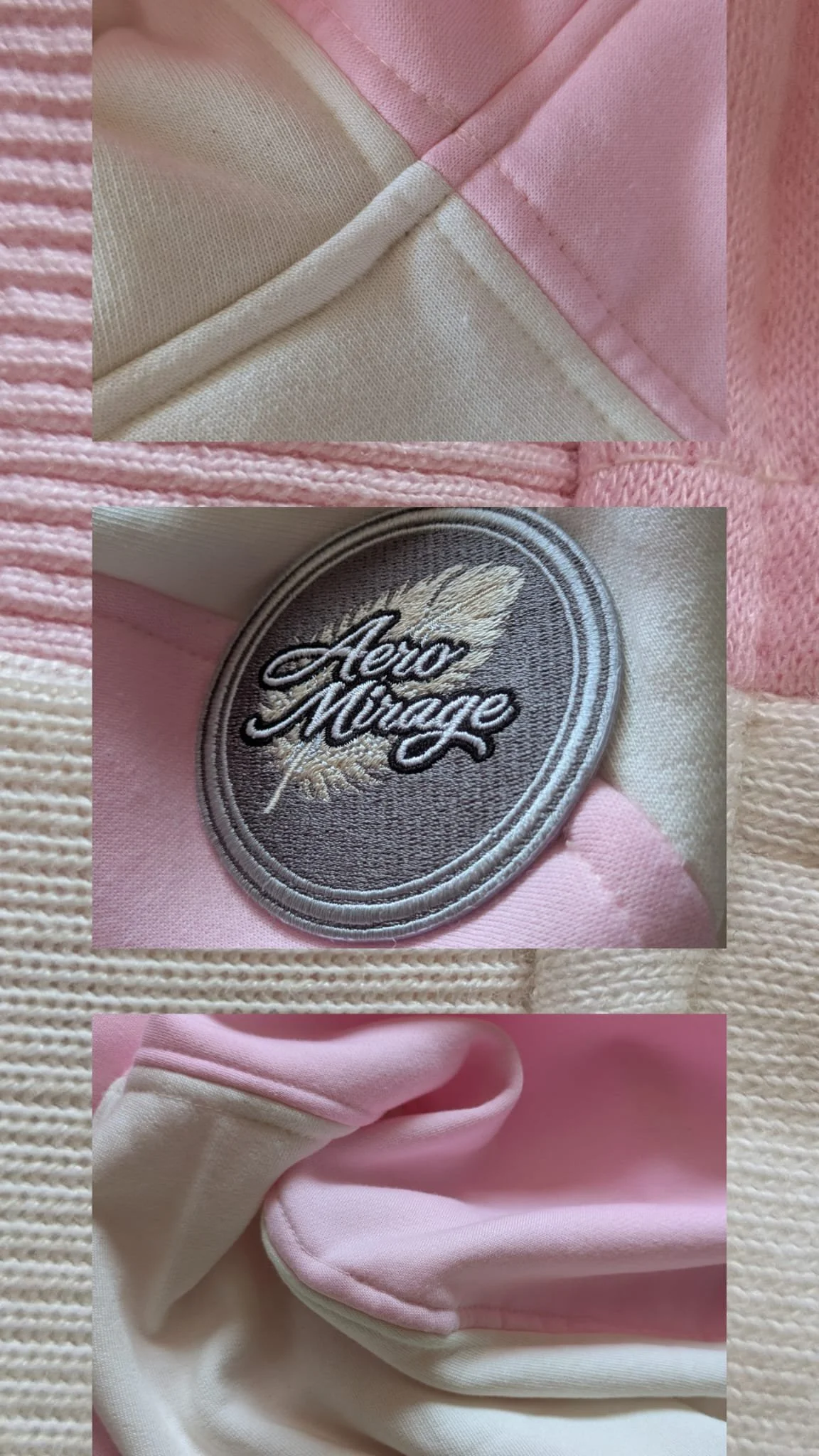 Close-up photos of a pink and cream-colored varsity jacket, showing the inside collar, a circular patch with the words "Hero Mirage" and a feather design, and the inner lining of the jacket.