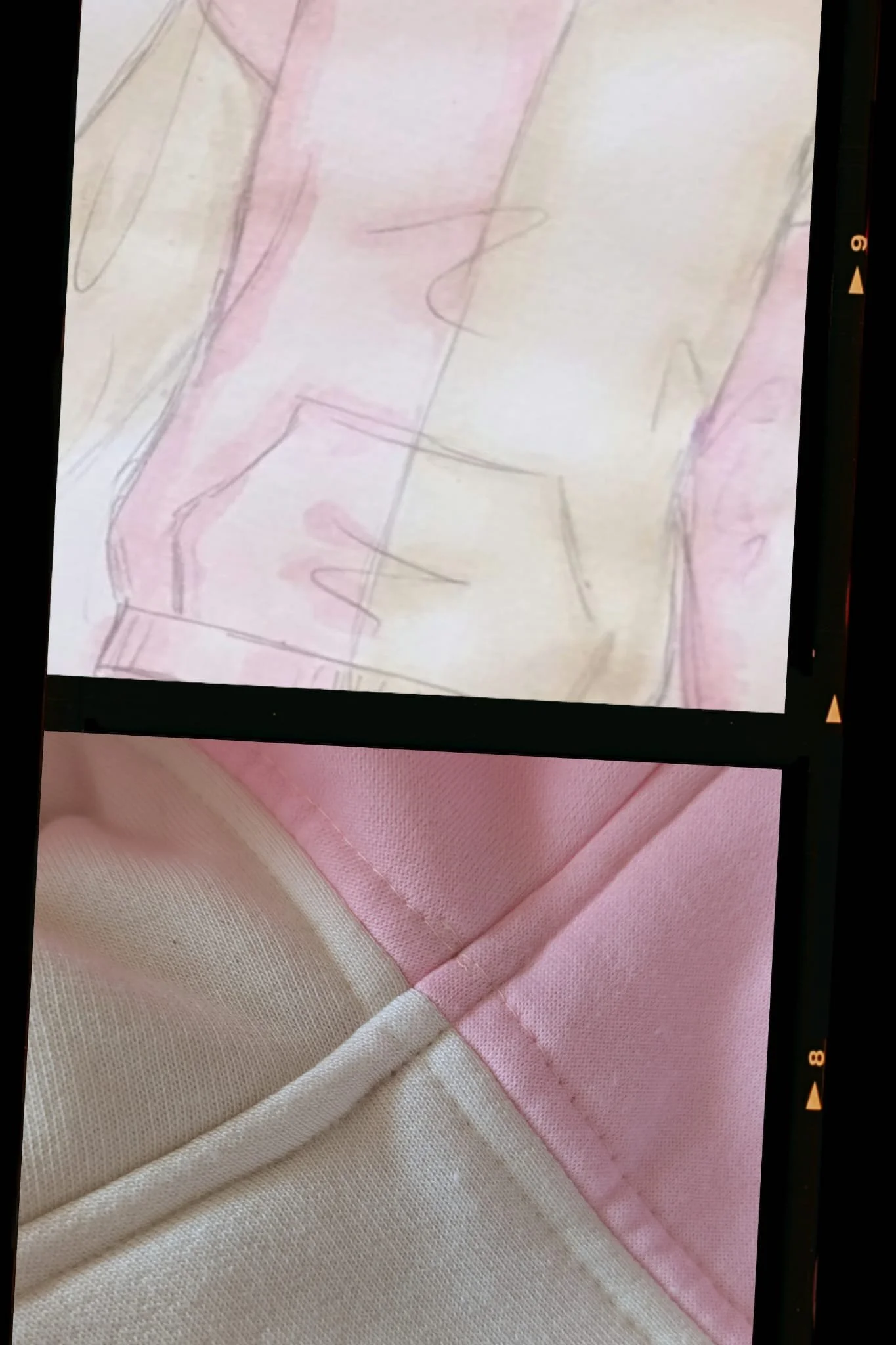 Close-up of layered fabric in pink, beige, and off-white with some visible stitching.