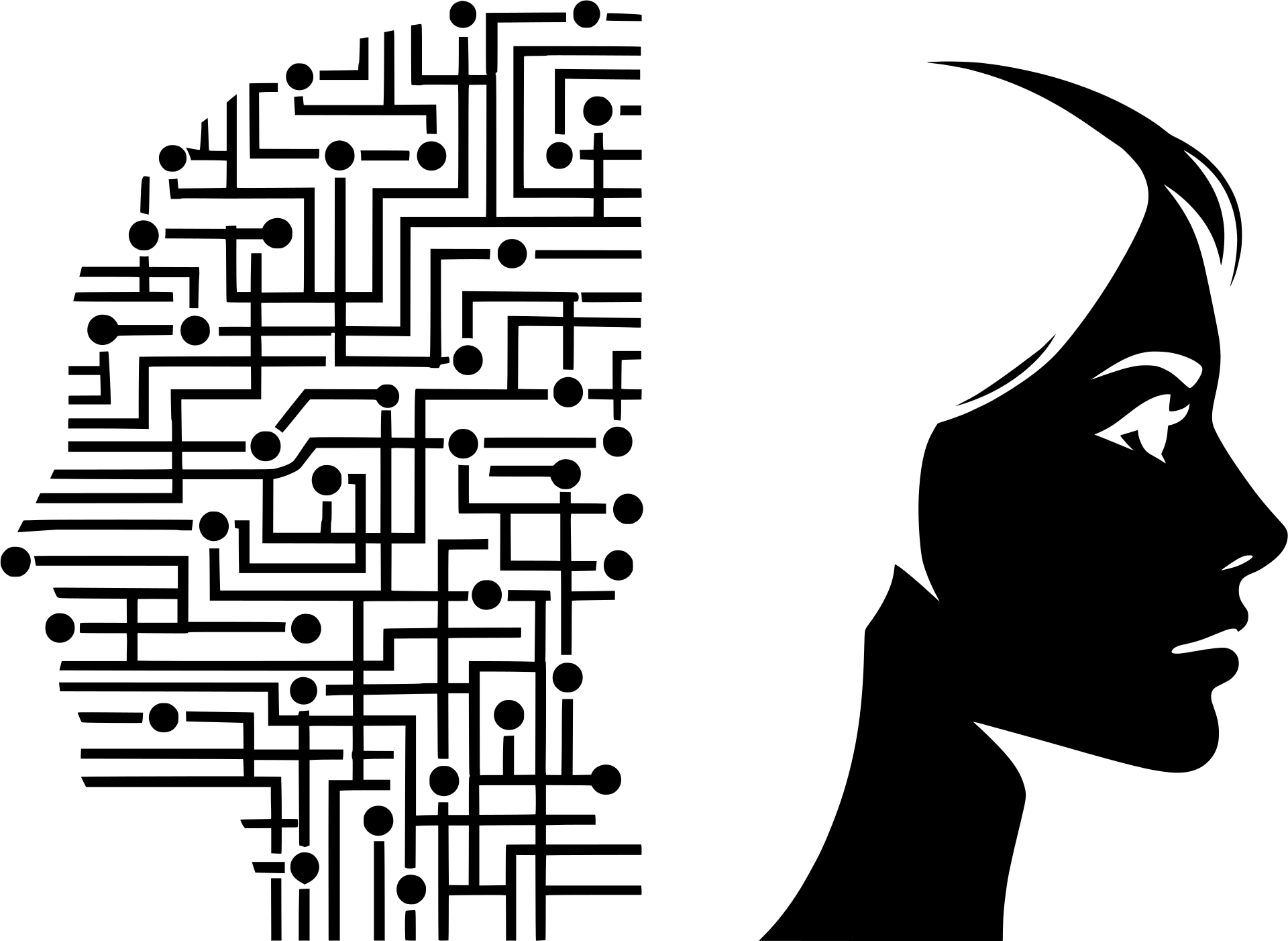 Image shows on the right a profile of a woman, the left side of the image is a digital  version of a woman