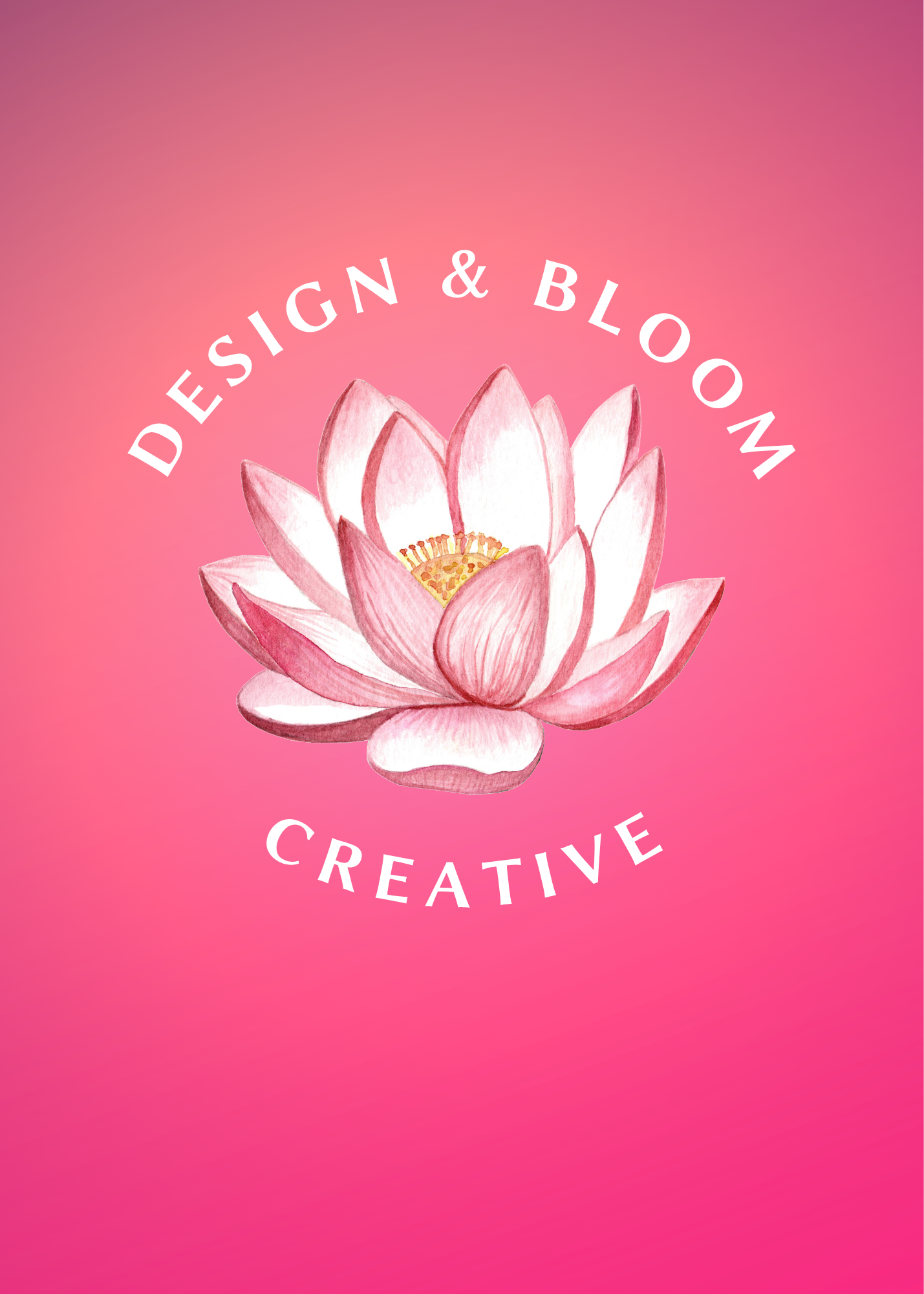 Pink background with a watercolor illustration of a lotus flower and the text "Design & Blog" curved above the flower and "Creative" curved below.