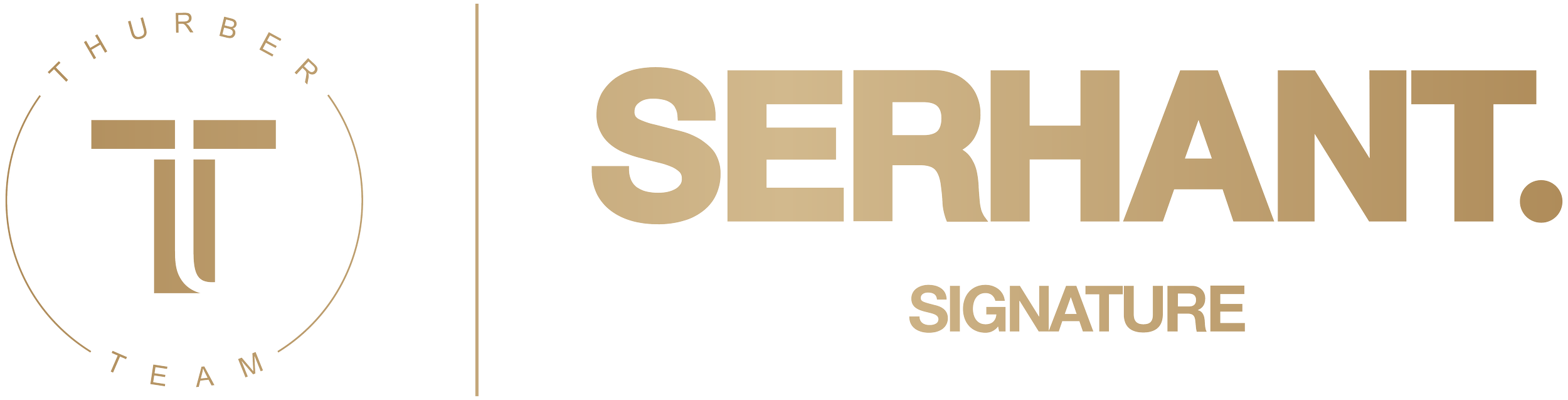 A logo with the text 'Serhant Signature' and a black circle containing a stylized 'T' with a cross on top, surrounded by the words 'Thurber Team'.