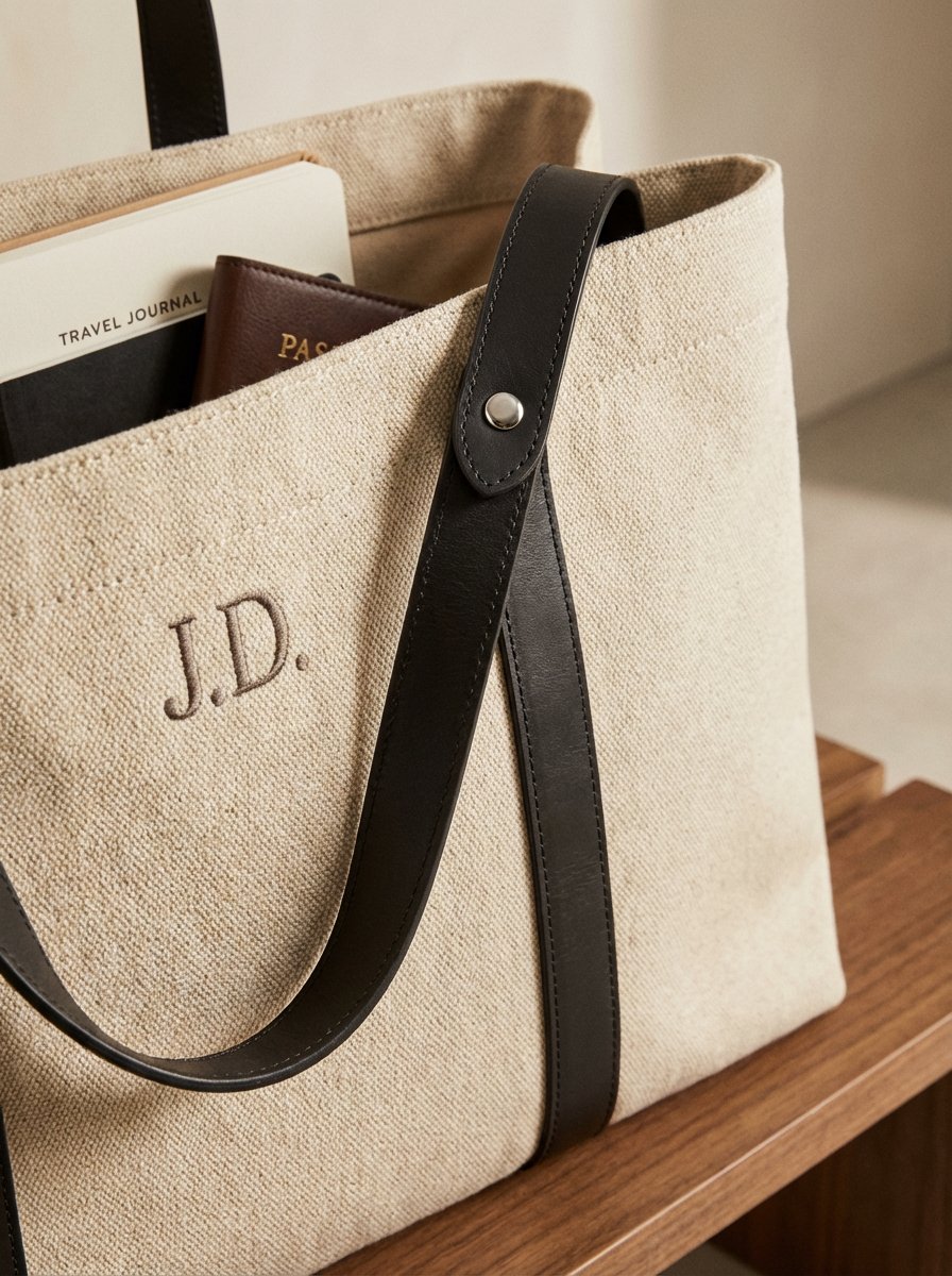 A beige canvas tote bag with black leather handles and initials 'J.D.' embroidered on the front, placed on a wooden surface, with travel documents visible inside.