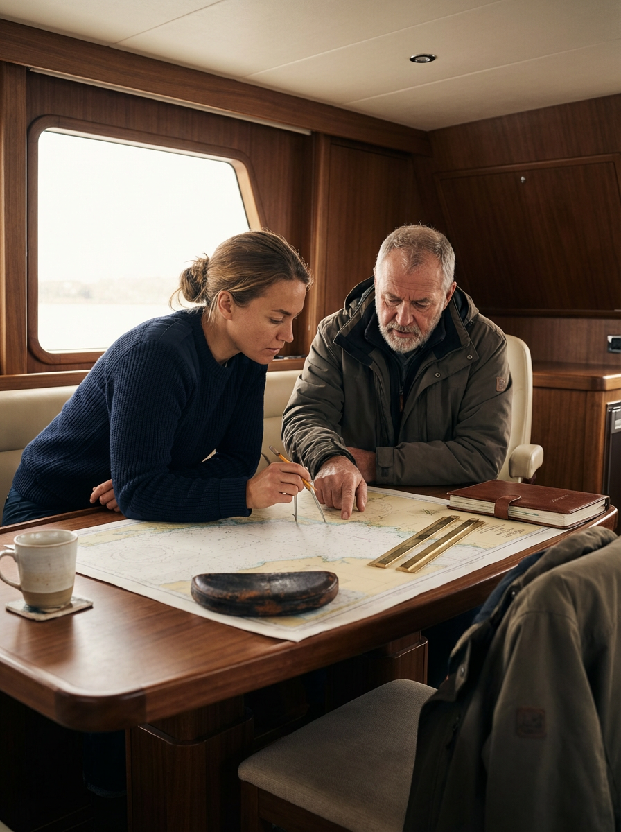 Two people, a woman and a man, are sitting at a wooden table inside a boat or yacht, looking at a map together. The woman is greyhound and the man has a beard. There is a coffee mug on the table, along with a brown leather notebook, a rock, and some rulers. A window shows water outside.