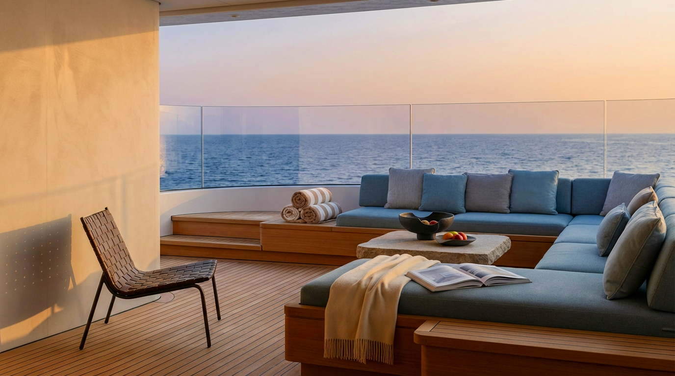 A terrace with a view of the ocean at sunset, furnished with an L-shaped sectional sofa with pillows, a coffee table with bowls and fruit, a blanket, a book, a woven chair, and rolled towels, enclosed by glass railings.