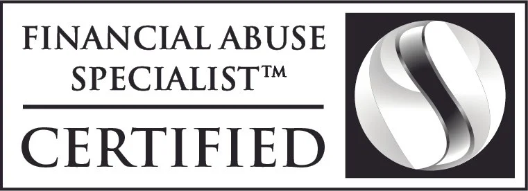Logo with text that reads "Financial Abuse Specialist Certified" and a circular emblem with a stylized letter S.