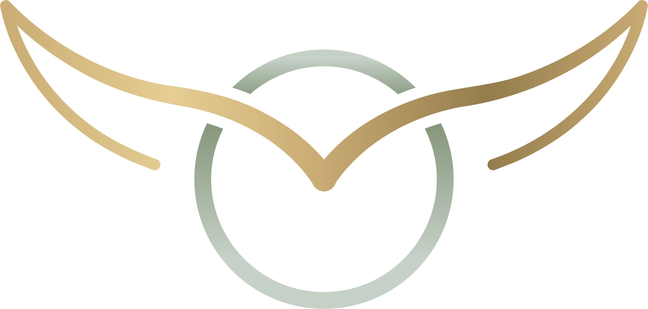 An abstract, high-tech illustration featuring interconnected curved and circular metallic elements in shades of gold and gray.