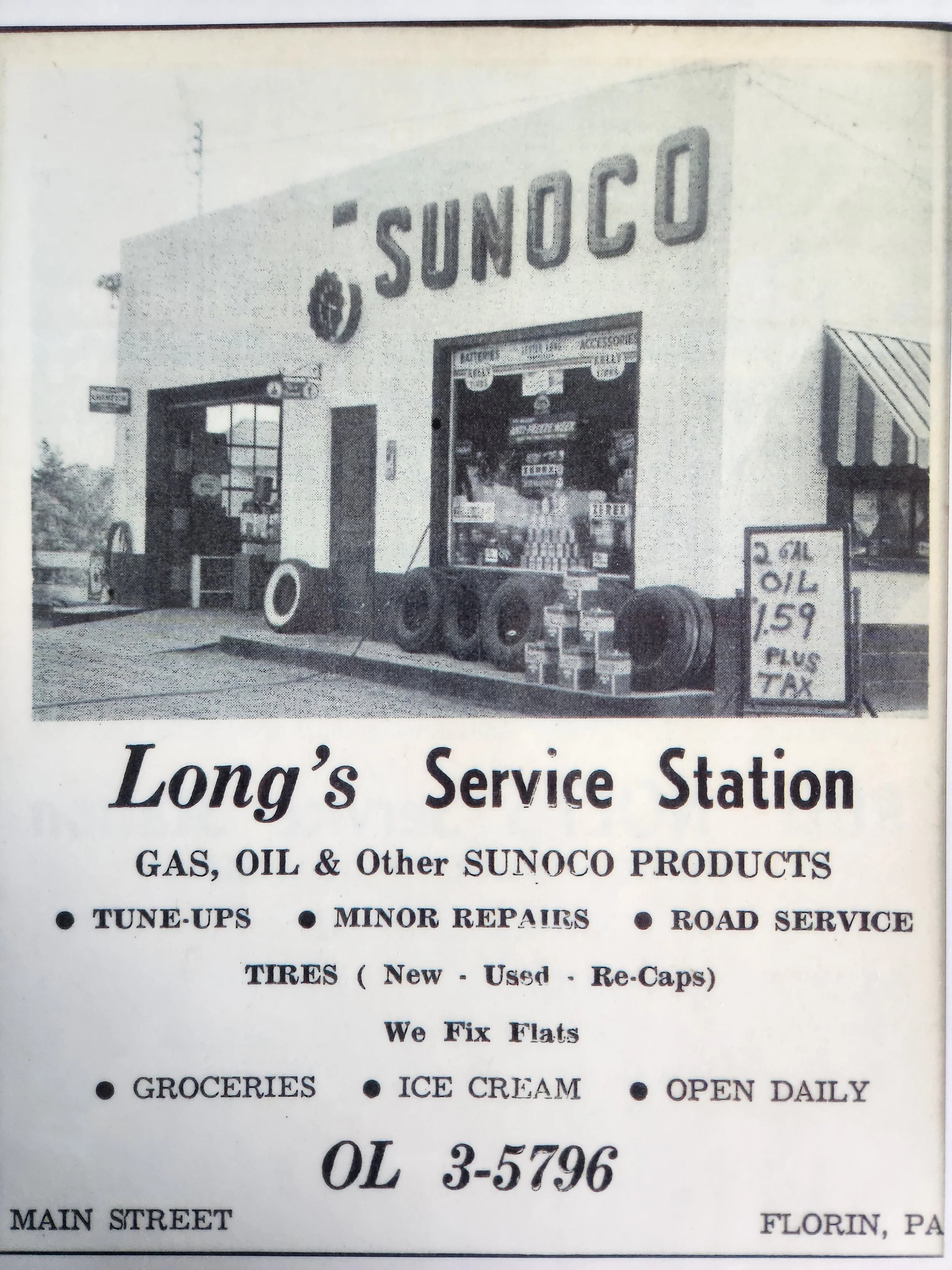 A black and white vintage advertisement for Sunoco, a gas station and service station called Long's Service Station, offering gas, oil, tune-ups, minor repairs, road service, tire services, groceries, ice cream, and opening daily, with a phone number OL 3-5796.