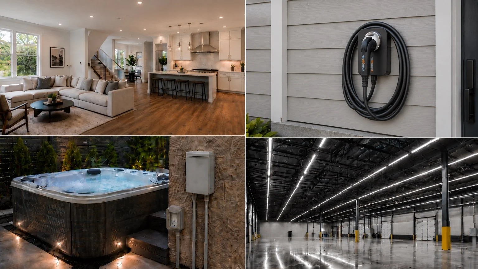 A collage of four images: a modern open-concept kitchen and living area with white walls, hardwood floors, and large windows; an outdoor electrical cord on the side of a house; a backyard hot tub with surrounding plants and lighting; and an empty warehouse with high ceilings, ductwork, and bright overhead lights.