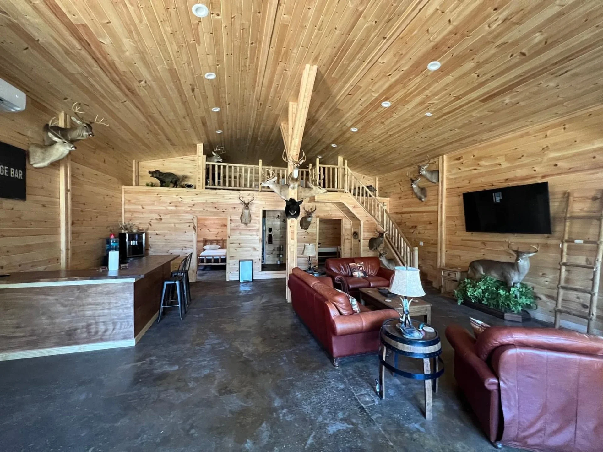 Interior of a wood-paneled lodge or cabin with mounted animal heads on the walls, including deer, a bear, and a boar. There is a staircase leading to a loft area, a mounted antler chandelier, a flat-screen TV, and a seating area with red leather sofas and a small table.