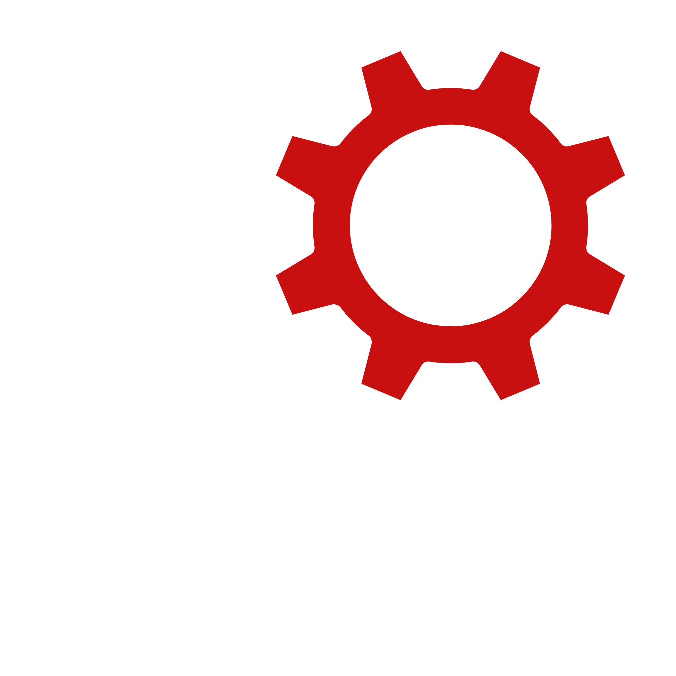Three interlocking gears, two white and one red, on a black background.