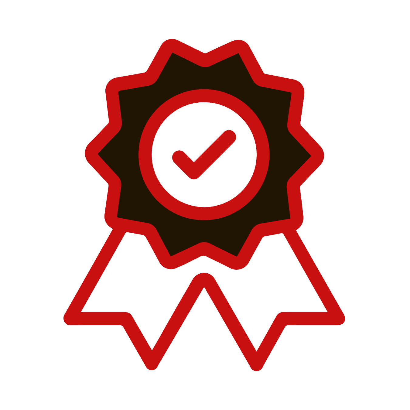 An award badge featuring a check mark inside a circle, with ribbon tails, outlined in red with black and white details.