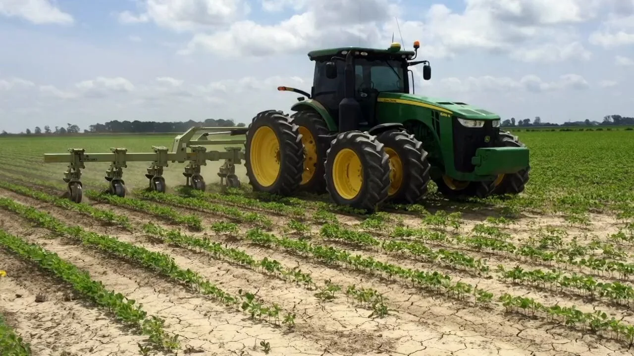Green and yellow John Deere tractor plowing rows of young crops in a field with a partly cloudy sky.