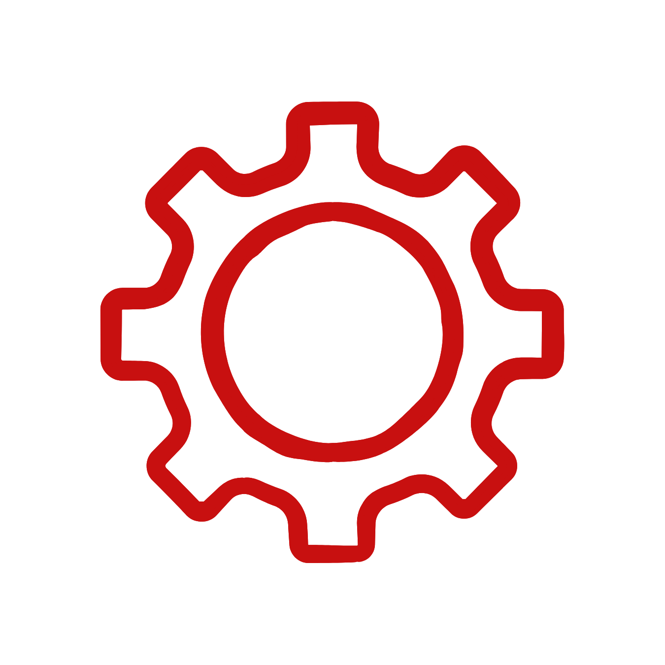Red gear icon on a black background.