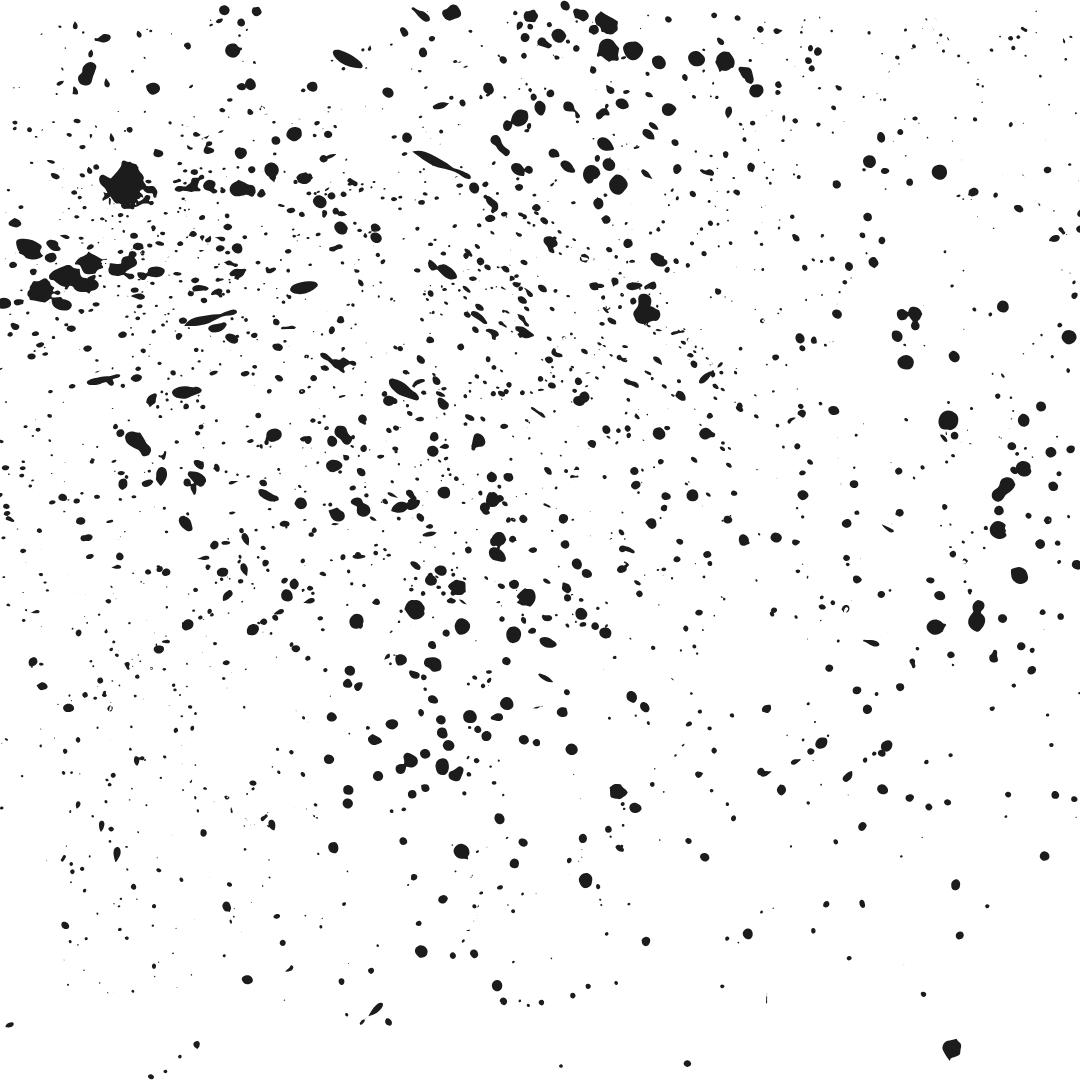 Black ink splatters on a white background.
