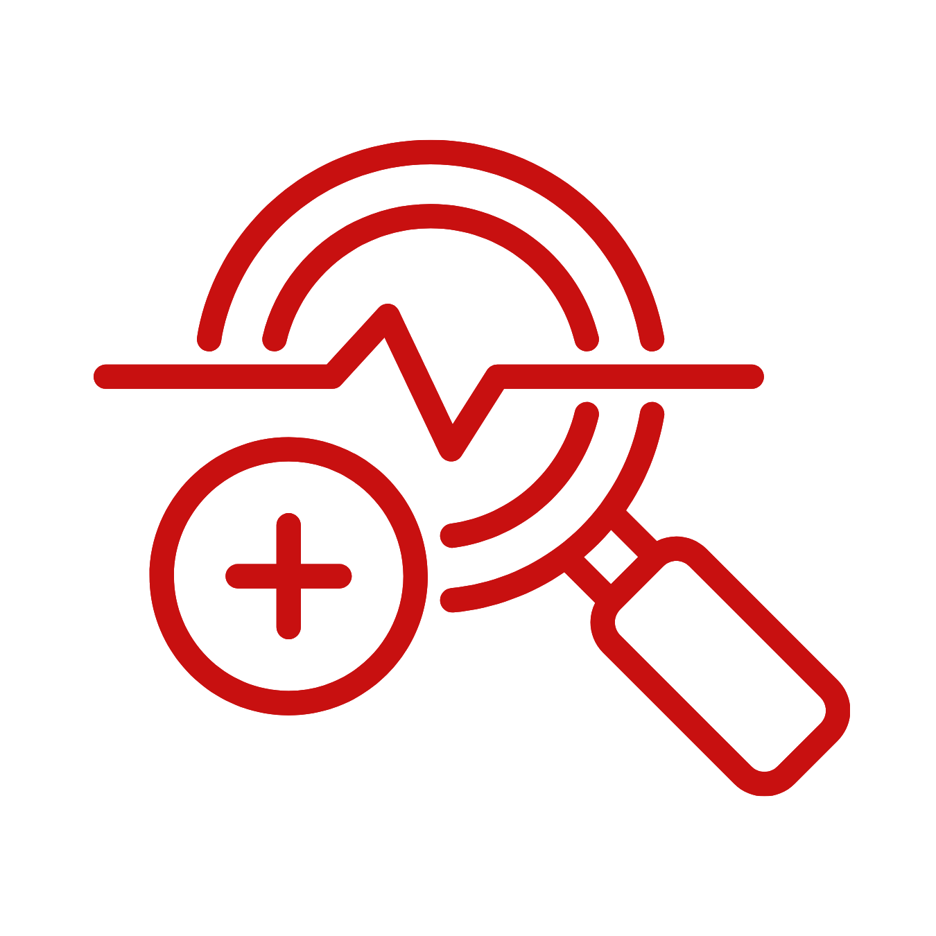 Medical analysis icon with magnifying glass, heartbeat line, and plus sign.