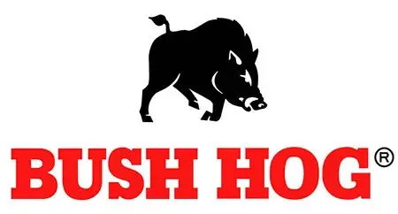 A black silhouette of a wild boar with the words BUSH HOG in bold red letters below.
